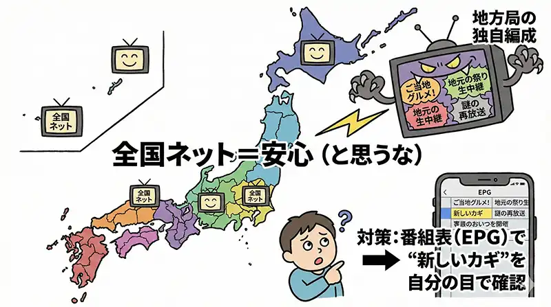 地方局の罠：全国ネット“のはず”が通用しない（ギャグ図解）
