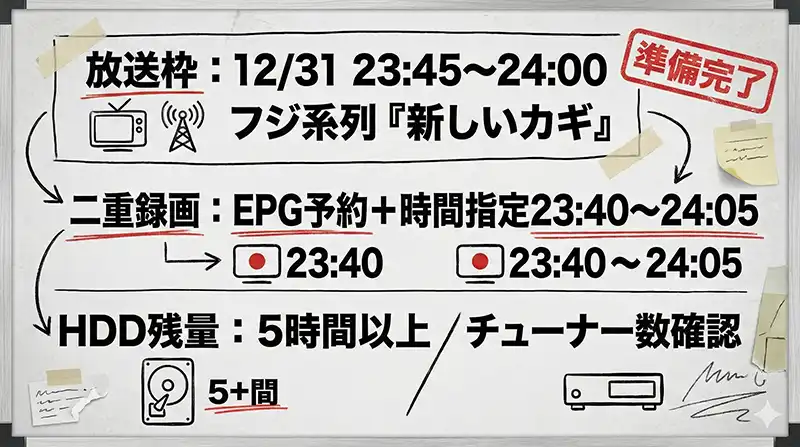 捕獲作戦 最終確認：放送枠＋二重録画＋容量チェック（ミッション図解）