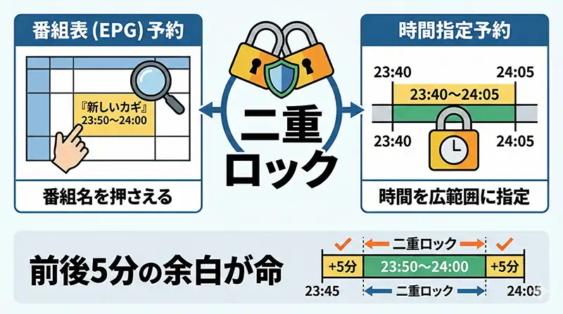 最強の防衛策：番組表予約＋時間指定予約＝二重ロック（図解）
