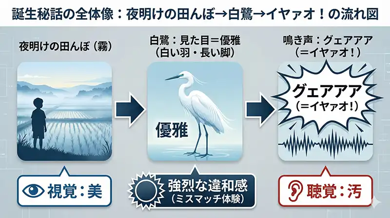 誕生秘話の全体像：夜明けの田んぼ→白鷺→イヤァオ！の流れ図