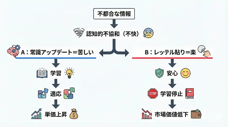 防衛本能の図解：不安→レッテル→安心→学習停止