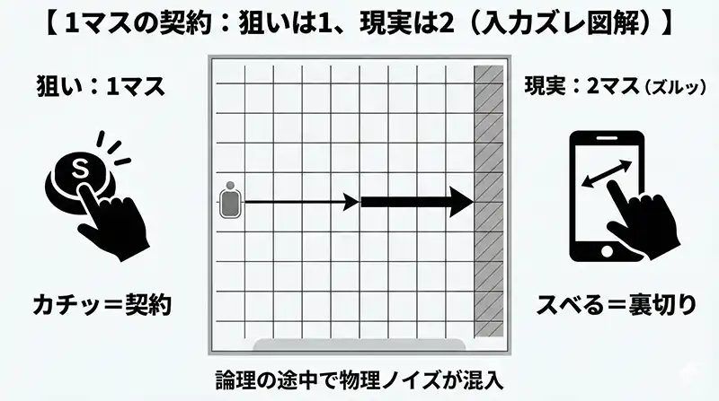 1マスの契約：狙いは1、現実は2（入力ズレ図解）