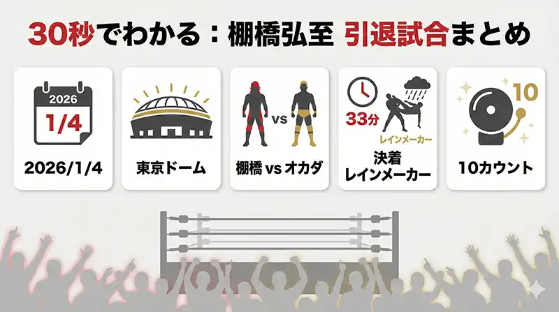 30秒でわかる引退試合まとめ（アイコン図解カード）