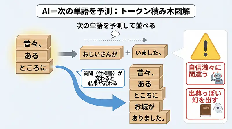 AI＝次の単語を予測：トークン積み木図解（図解）
