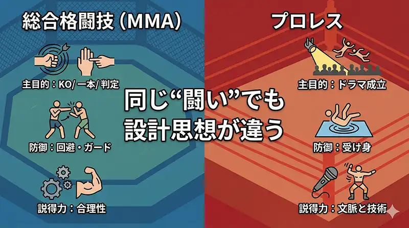 MMAとプロレスの違い（2カラム比較図解）