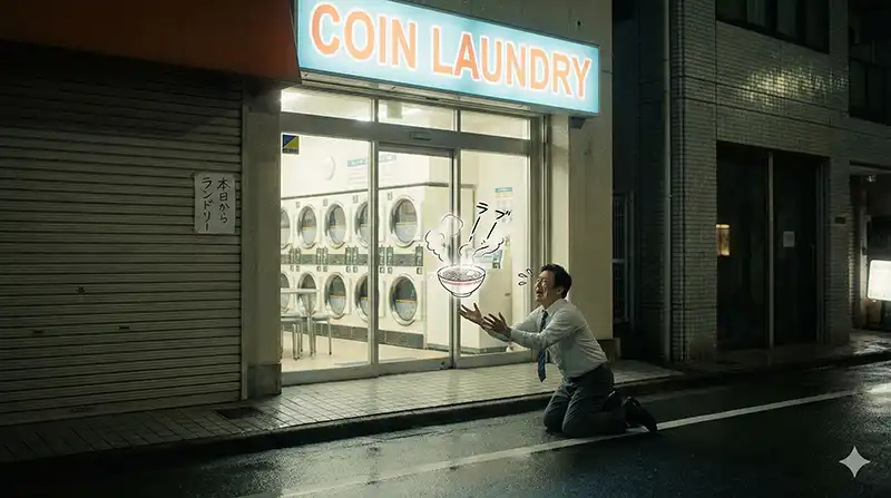 ラーメン屋がコインランドリーに変わった喪失感（ギャグ写真風）