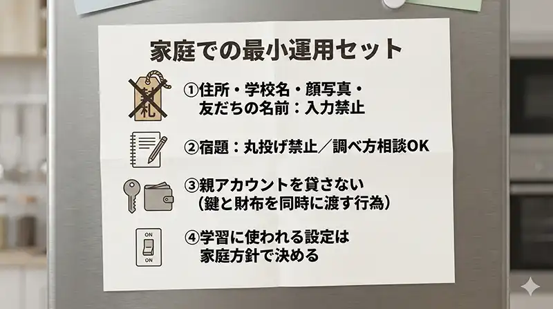 家庭ルールを紙1枚に：最小運用セットチェックリスト（図解）