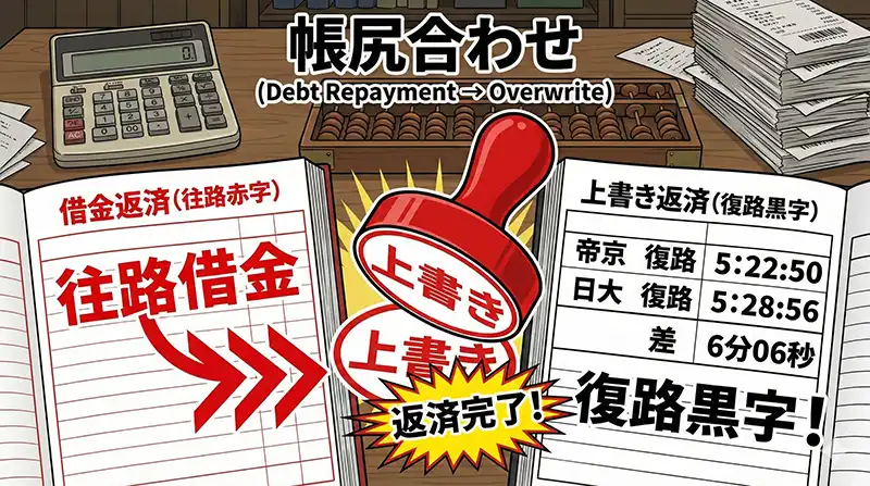 帳尻合わせ（返済→上書き）を表すコミカル図解