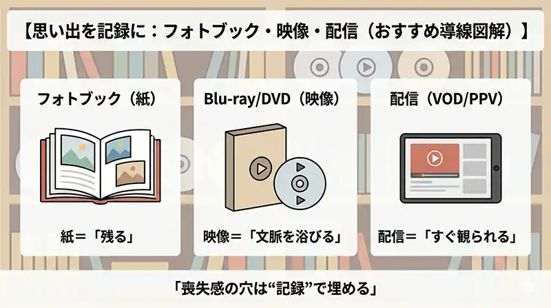 思い出を記録に：フォトブック・映像・配信（おすすめ導線図解）
