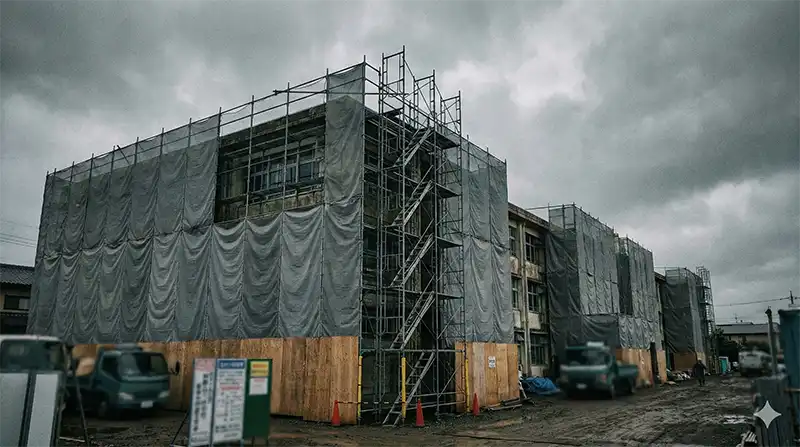 校舎改築工事_養生シートと足場