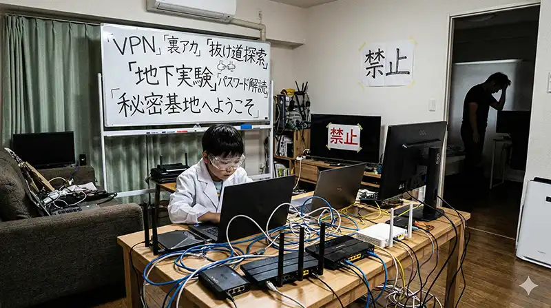 禁止すると地下実験室：VPNと裏アカの家庭（写真的ギャグ）