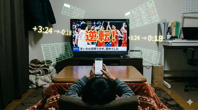 締めのギャグ挿絵：逆転の確定演出（こたつ民が目撃者になる）