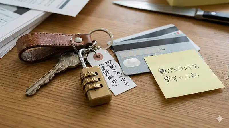 親アカウント貸与＝鍵と財布を同時に渡す（写真的ギャグ）