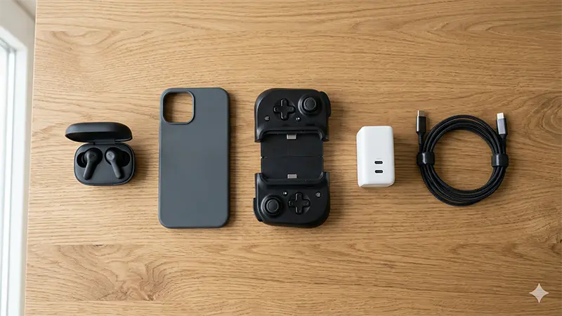 zubehoer_charger_cable_controller_earbuds_flatlay